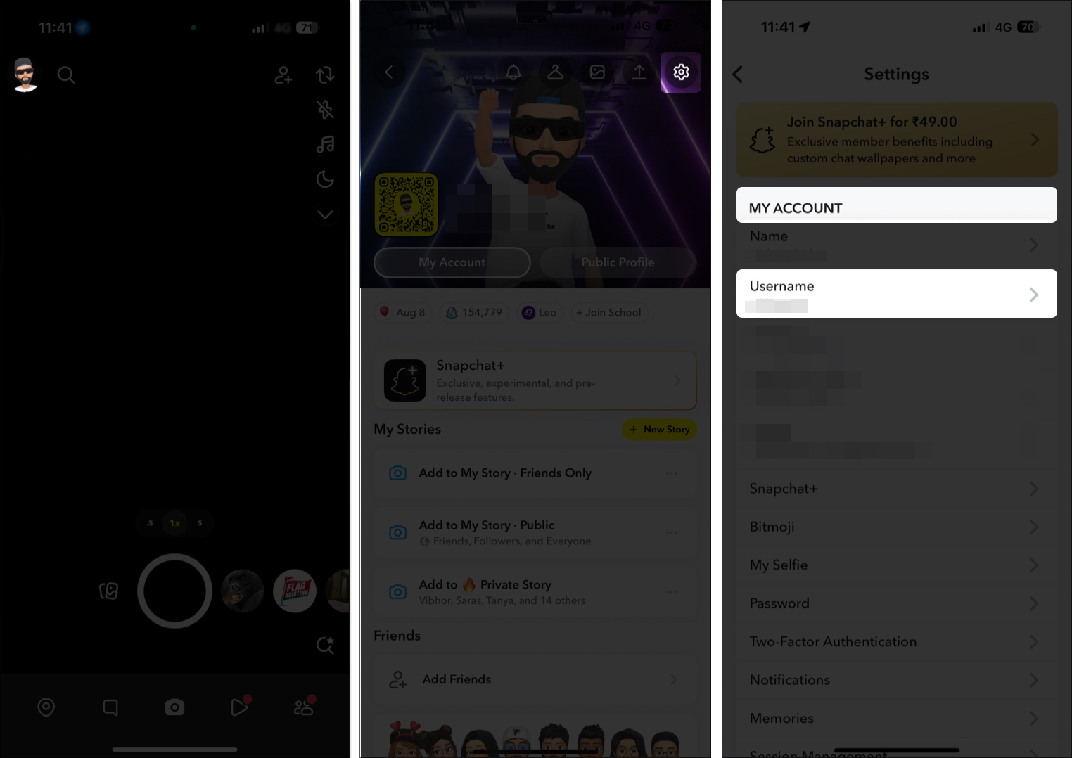Open snapchat setting and tap on my account to change username