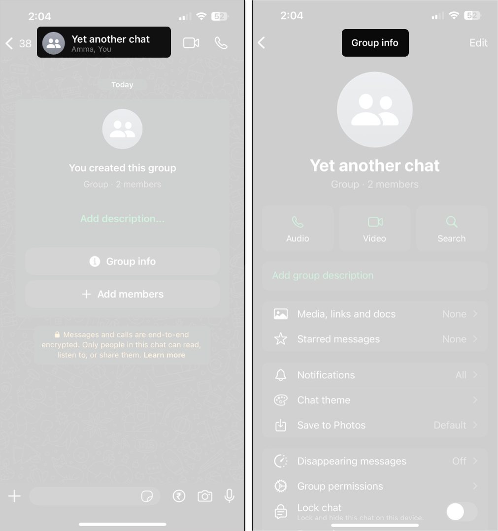 Accessing a whatsapp group's Group Info page on an iPhone.