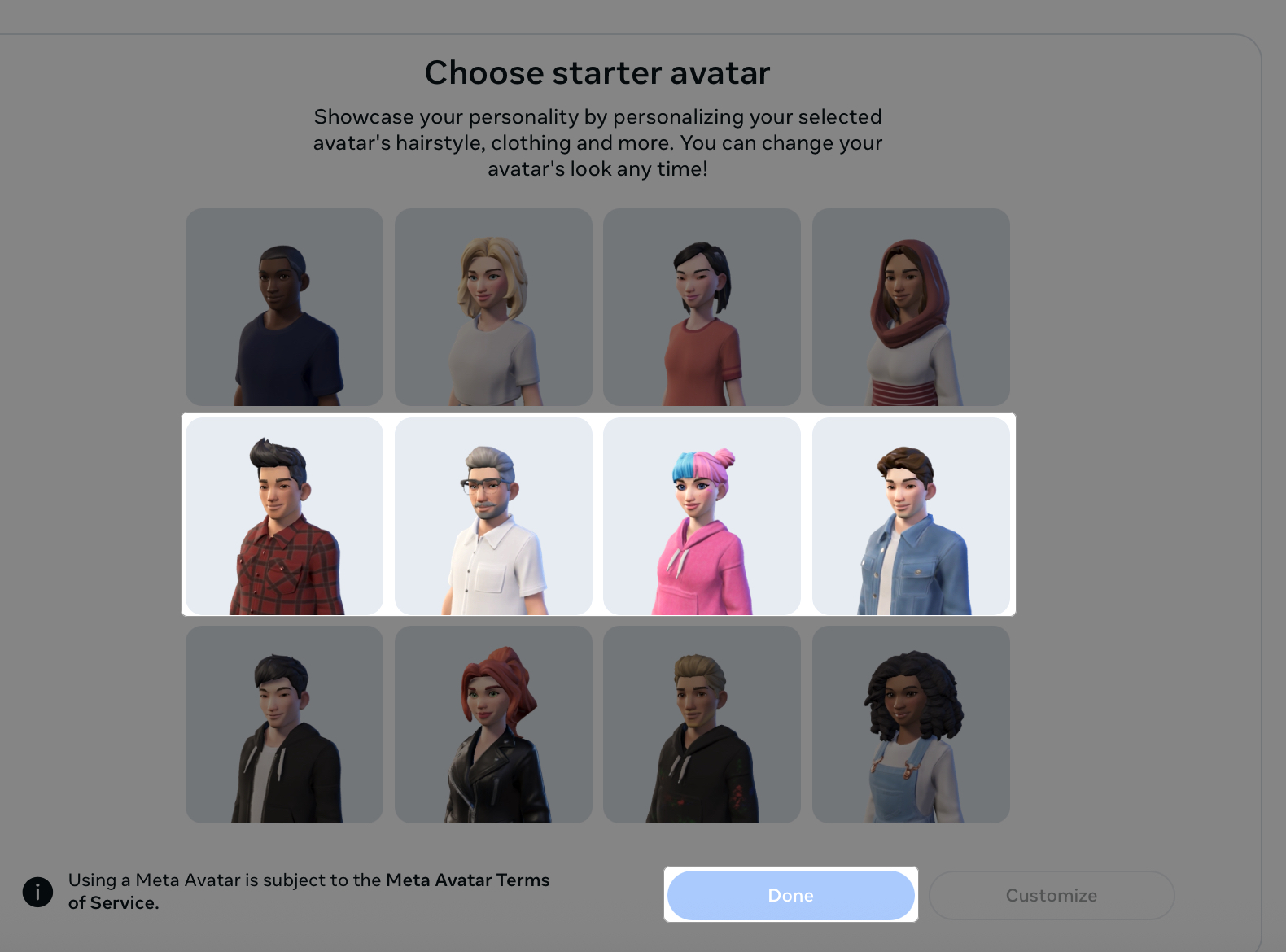 Choosing a starter avatar and customize it on the facebook website