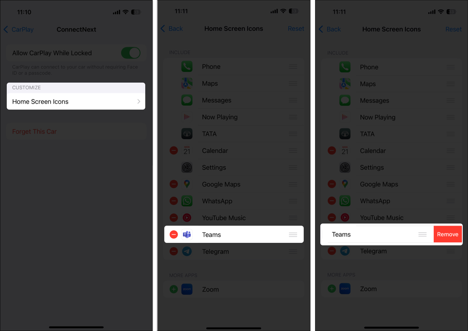 Removing an app from apple carplay home screen via the settings app
