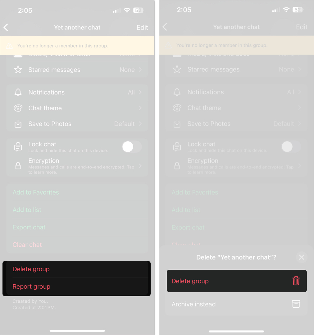 Deleting a whatsapp group on an iphone