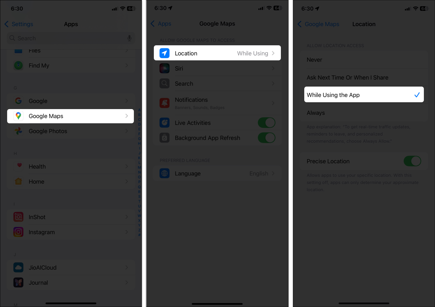 Restrict google map to background tracking from iPhone settings