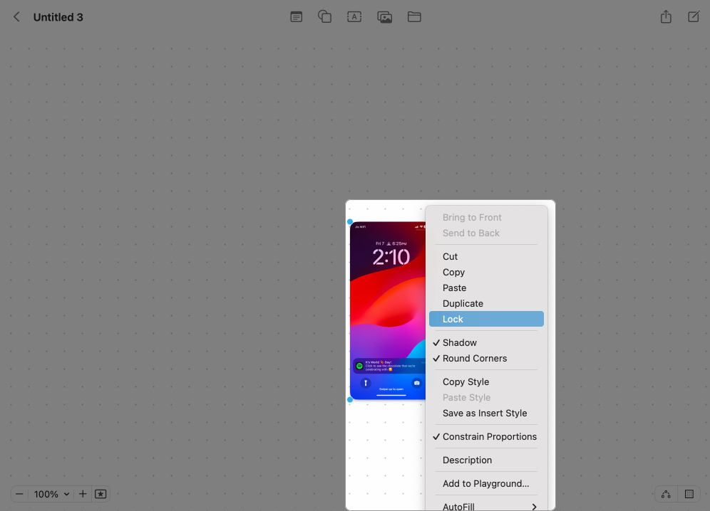 Right click o the selected item and select lock item in their place on board