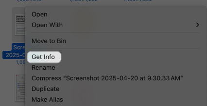 Accessing the get info option for a file on a mac