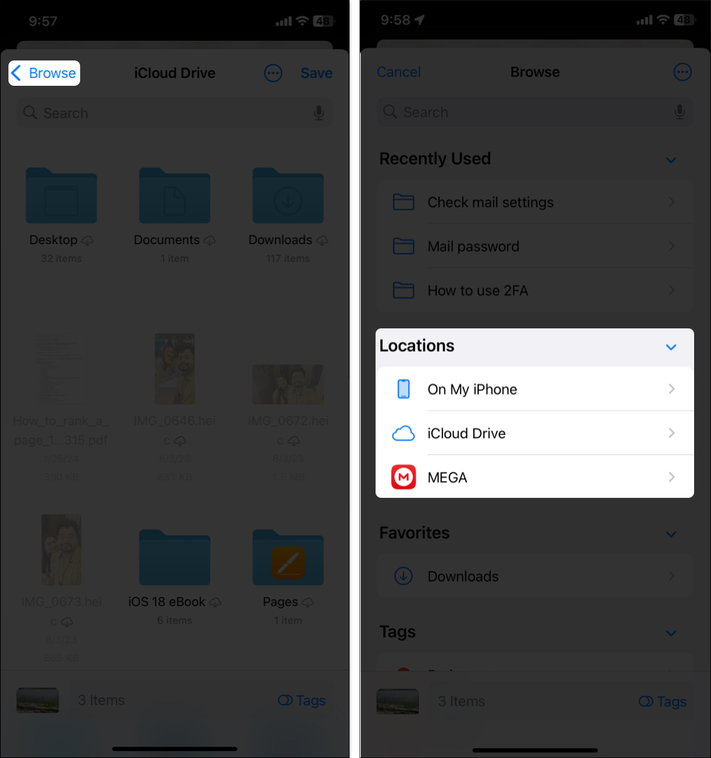 Choosing the external drive in files app to move selected photos and videos