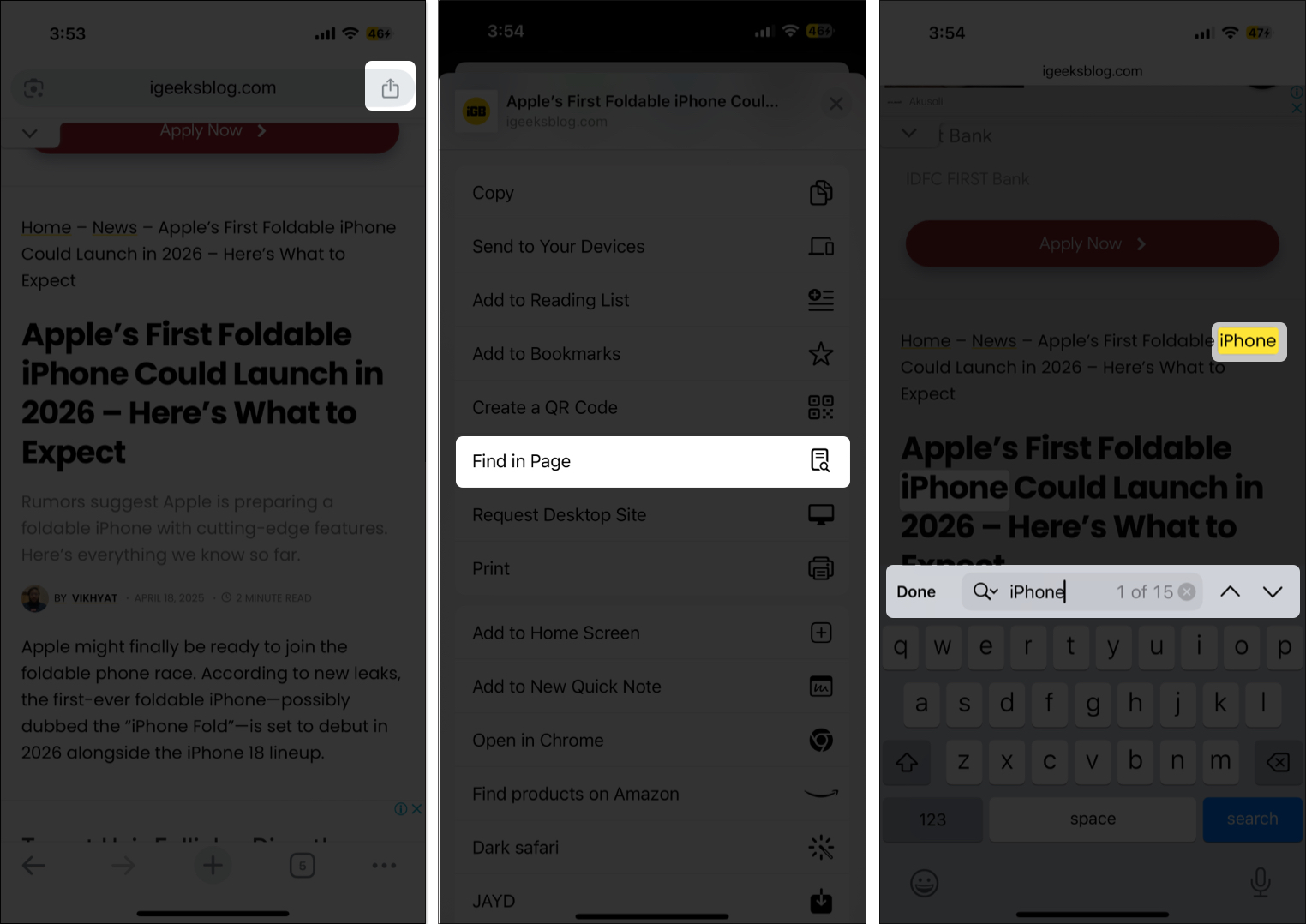 Search and find exact word on chrome webpage on iphone