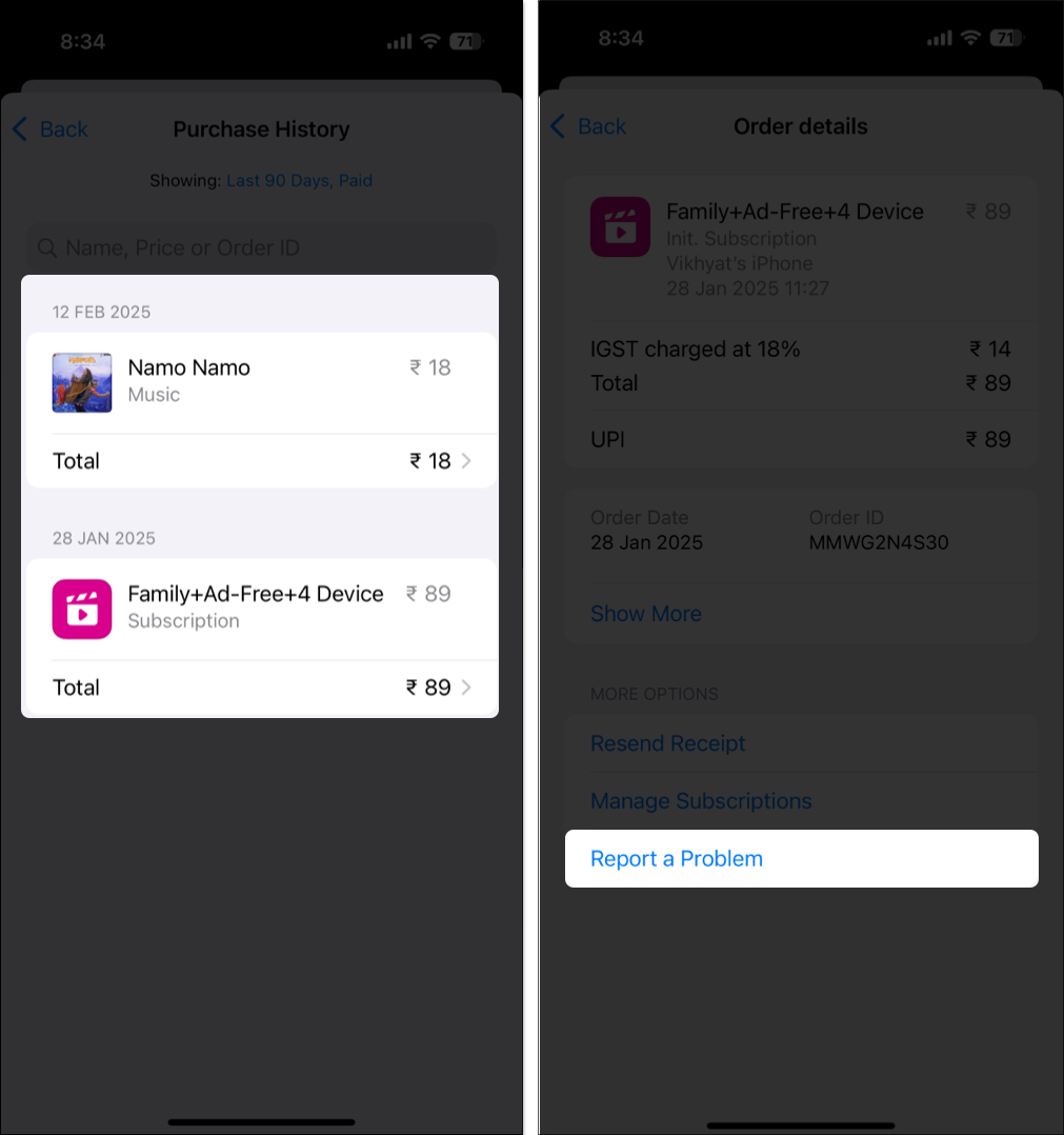 Accessing and selecting the report a problem option to raise a refund request