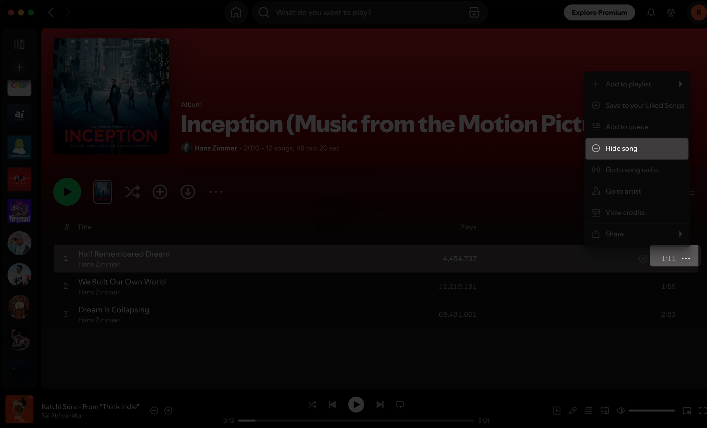 Hiding a song in a spotify playlist on a mac