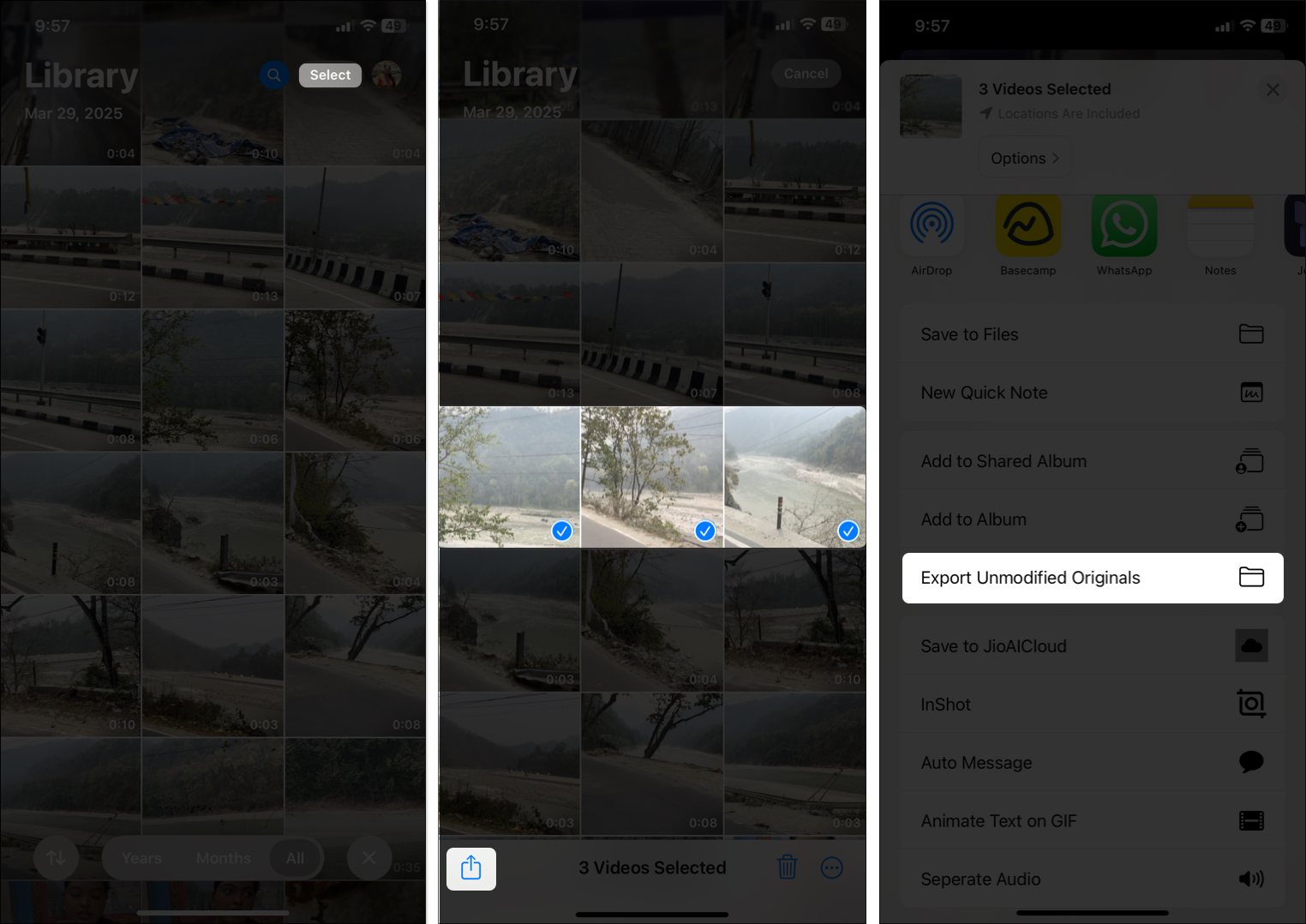 Selecting photos or videos to move and using the export unmodified originals option to export them