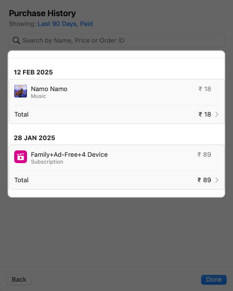 Selecting a purchase to place a refund request
