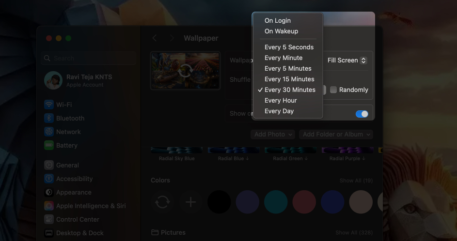 Setting the wallpaper change duration for selected wallpapers in macos system settings
