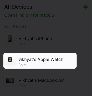 Selecting your apple watch under all devices on the icloud website