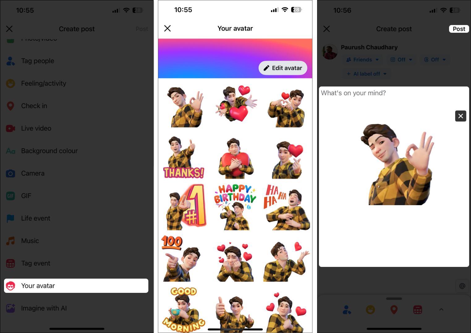Creating a new post and sharing avatar in it