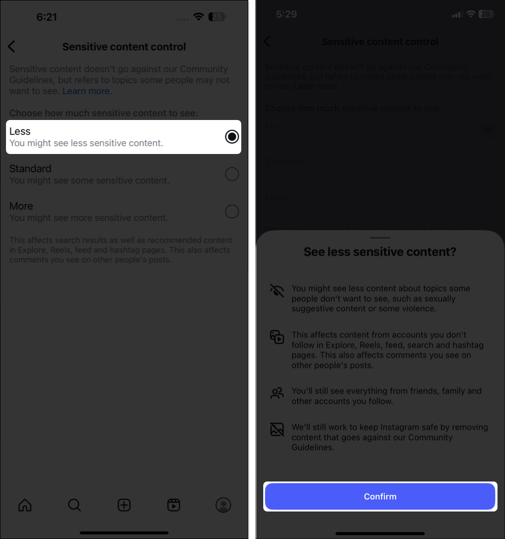 Selecting less sensitive option from instagram settings on iphone and android