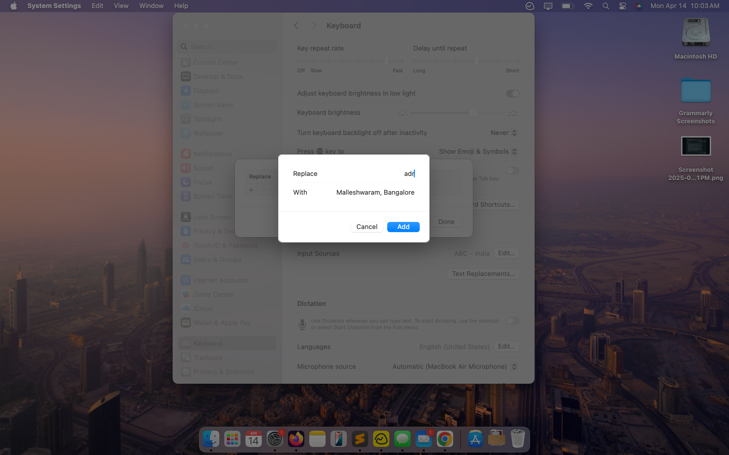 Setting up a text replacement shortcut on a mac