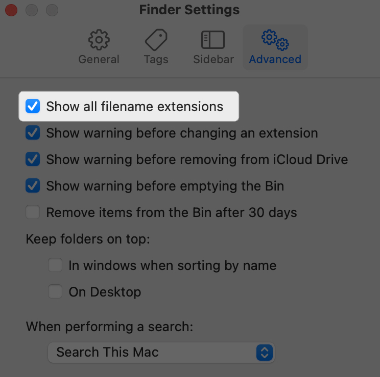 Show all filename extensions option in finder settings checked off