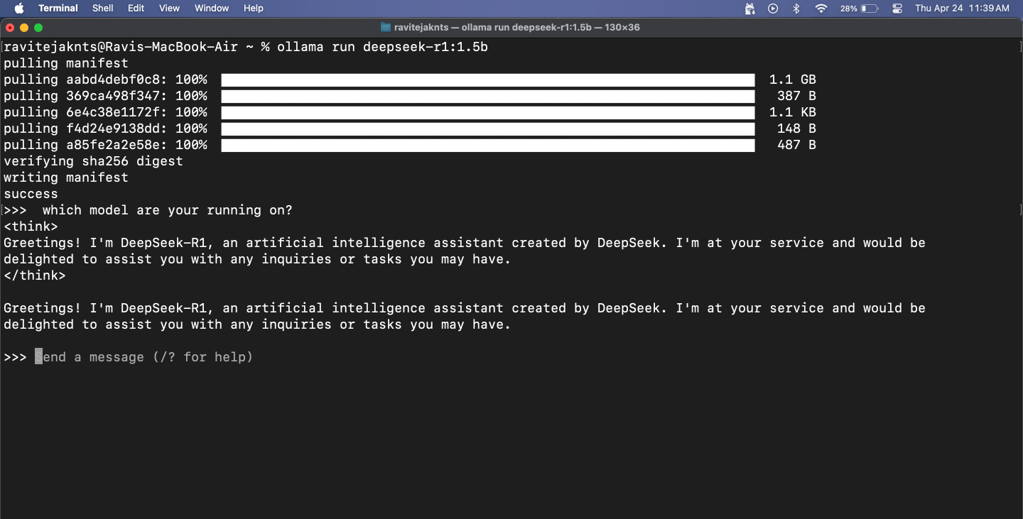 Chatting with deepseek r1 via ollama in macos terminal app