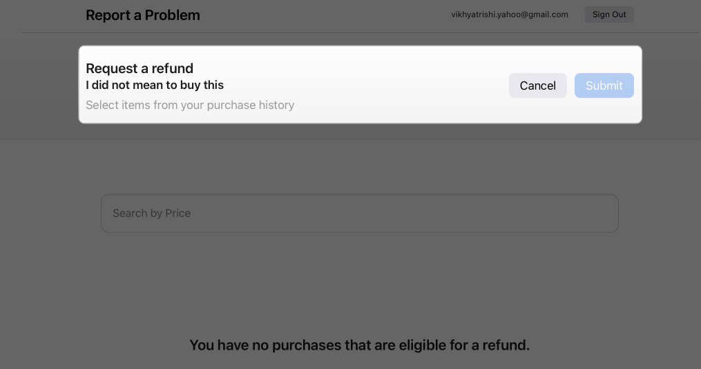 Submitting a refund request for an app store purchase via web