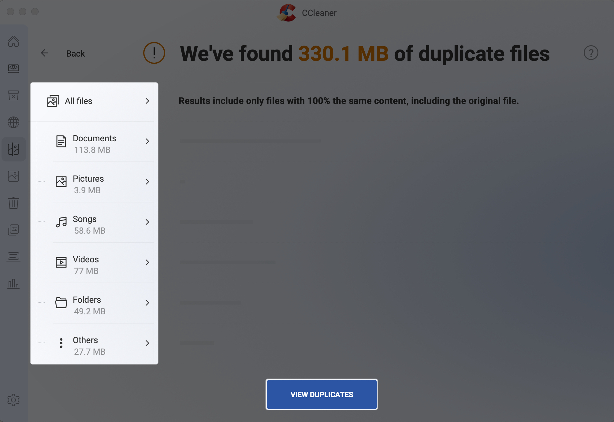 Tap on category to view duplicate files on mac