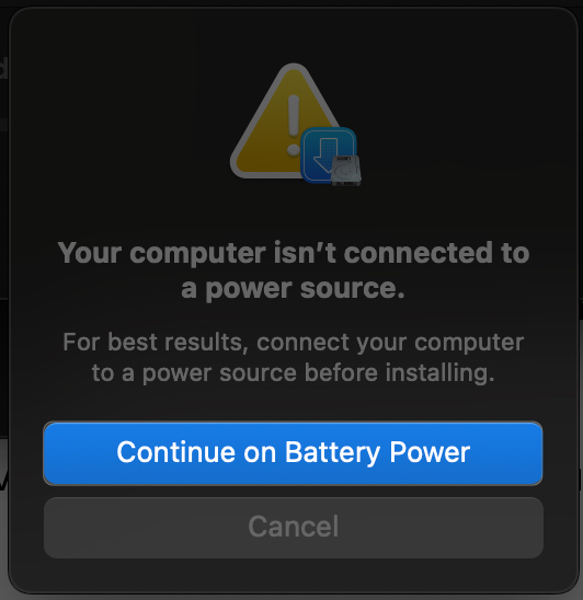 Prompt confirming installation on battery power