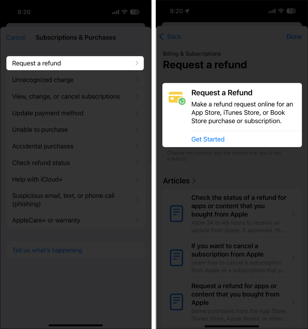 Starting a refund request in the apple support app