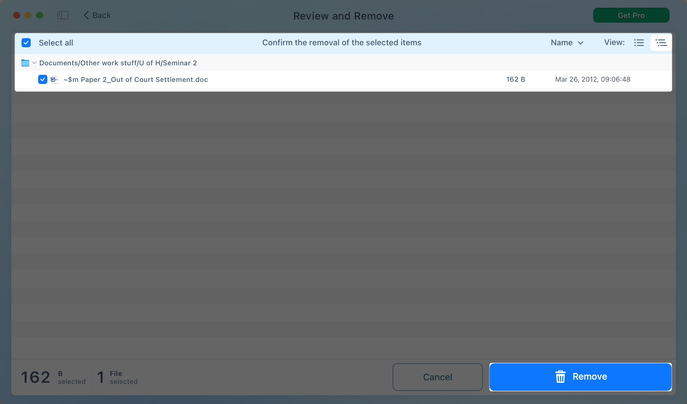 Tap on remove button to delete selected duplicate file from mac