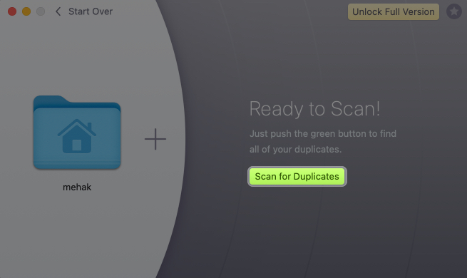 Tap on scan to access duplicate files on mac
