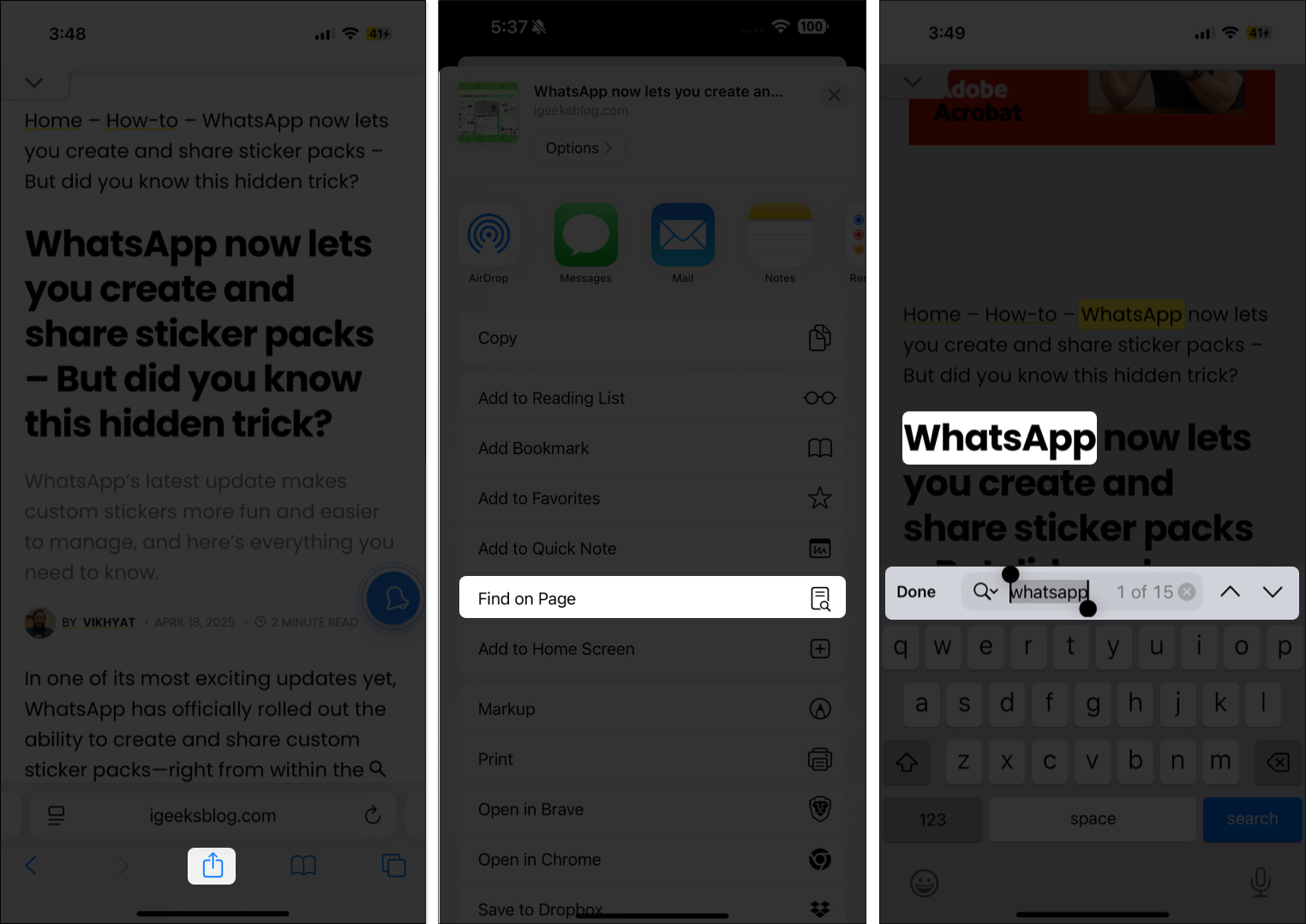 Tap on share icon and select find on page option in safari