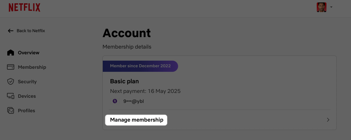 Tapping the manage membership button to access netflix membership