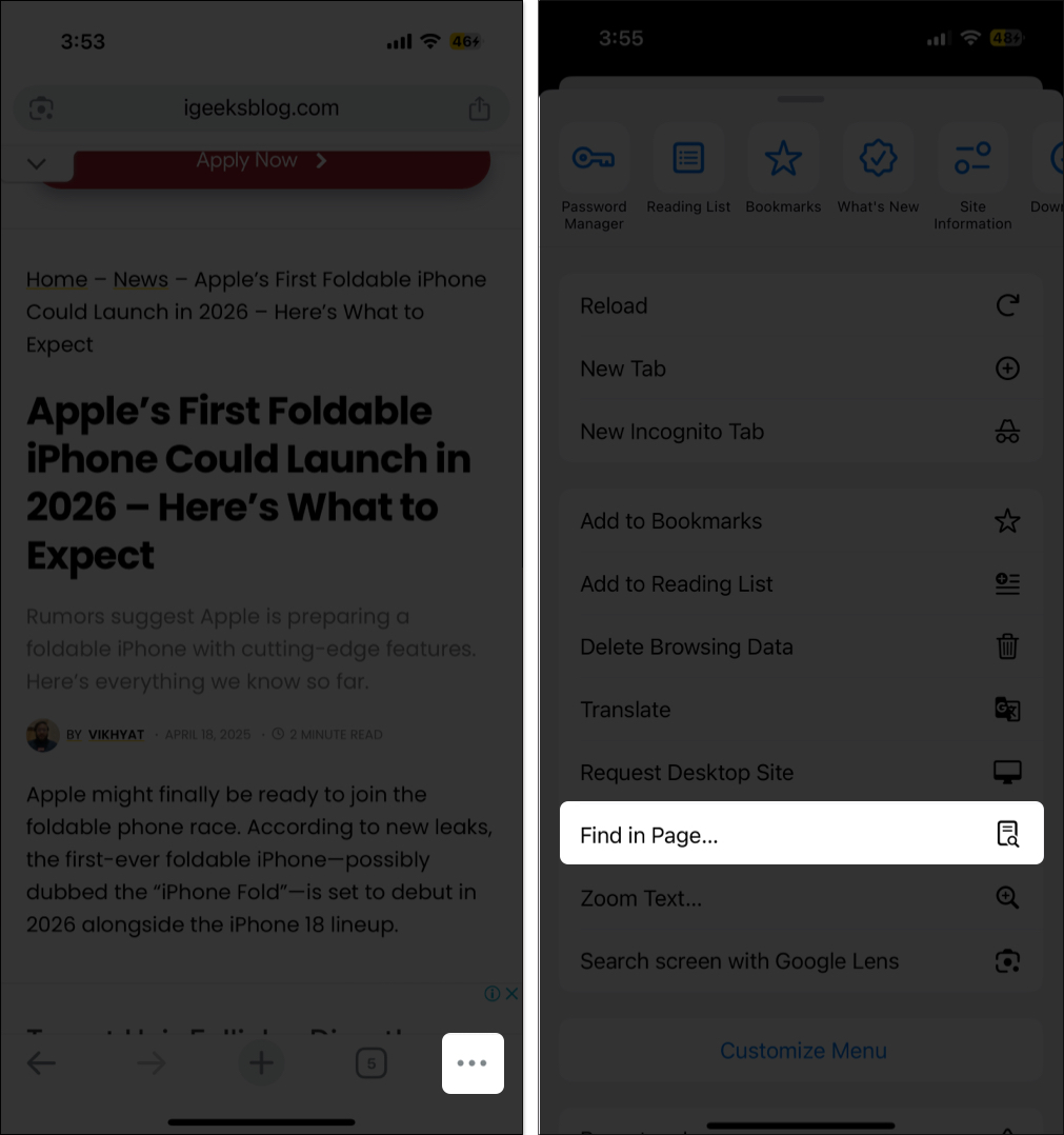 Tap on three dot to get find on page option in chrome on iphone
