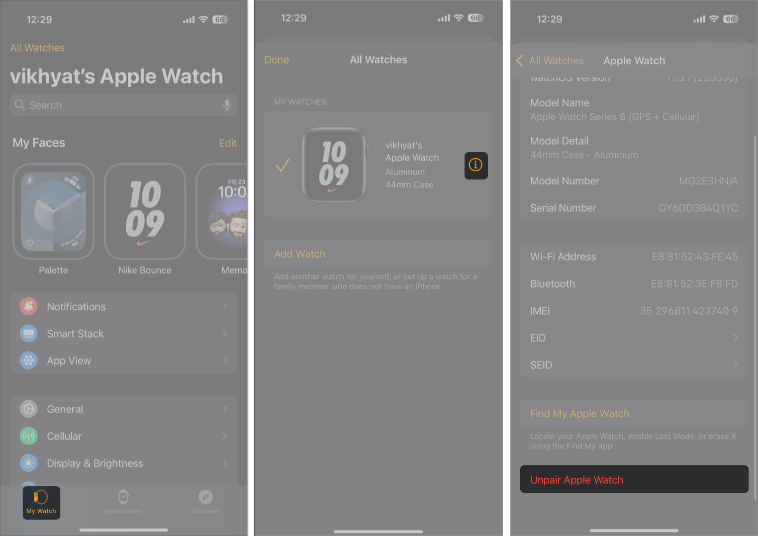 Unpairing an apple watch from the watch app on an iphone