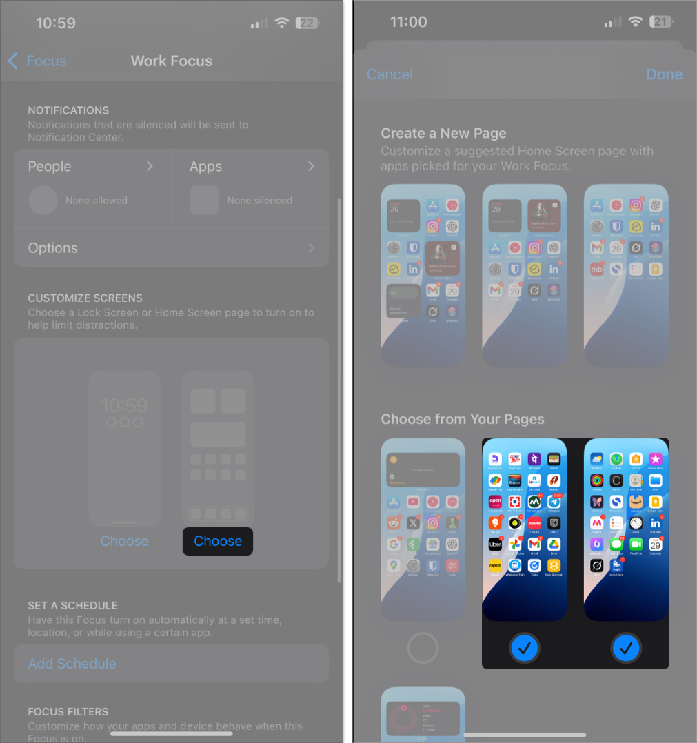 Customizing home screen in a focus mode