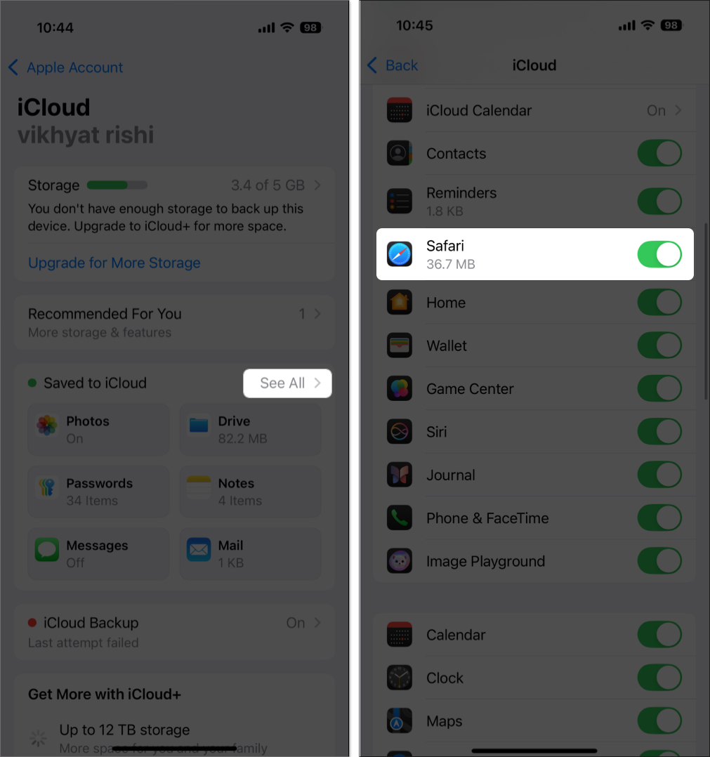 Enabling icloud sync for safari on an iphone