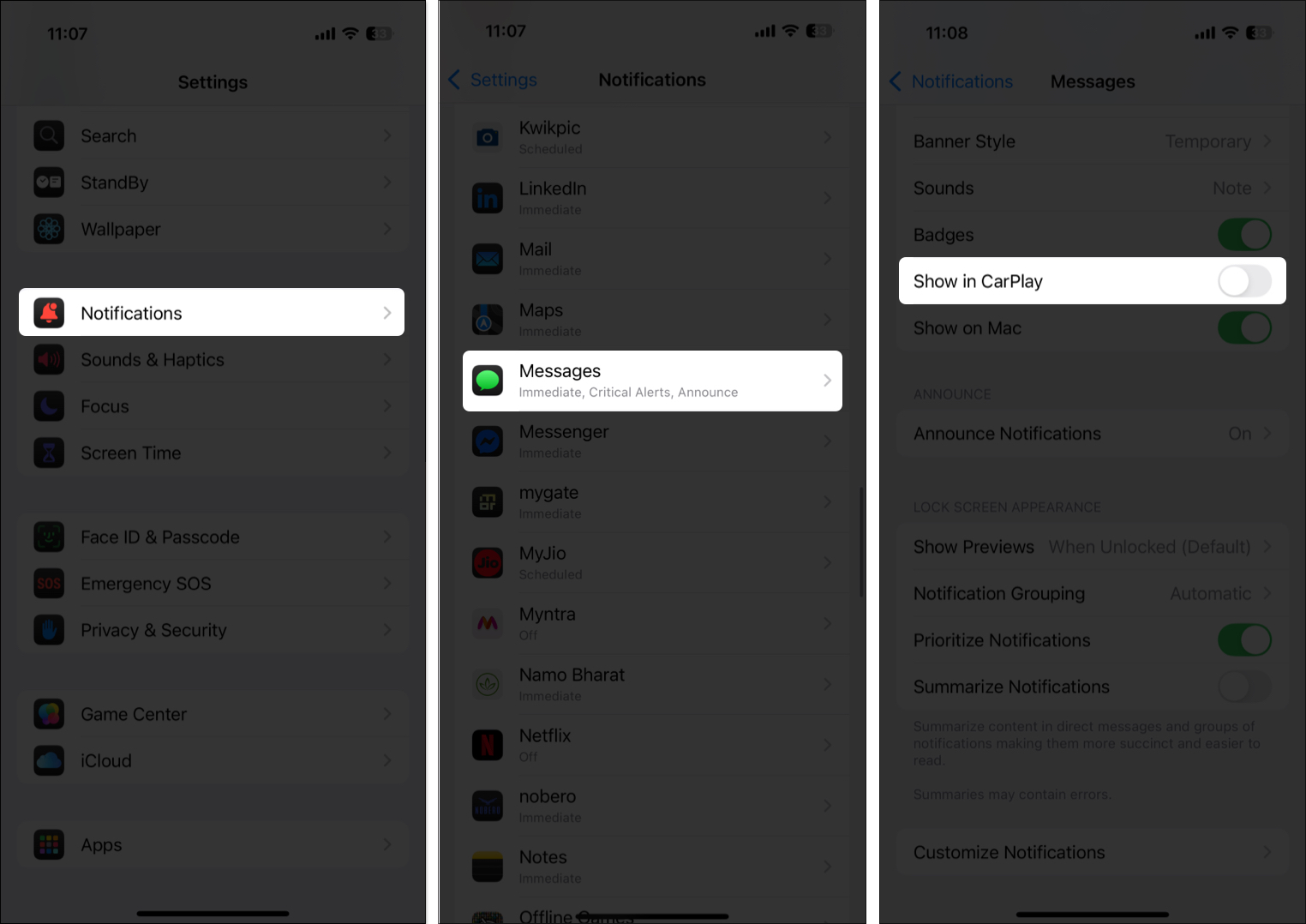 Toggling off the show in carplay option in iphone settings app