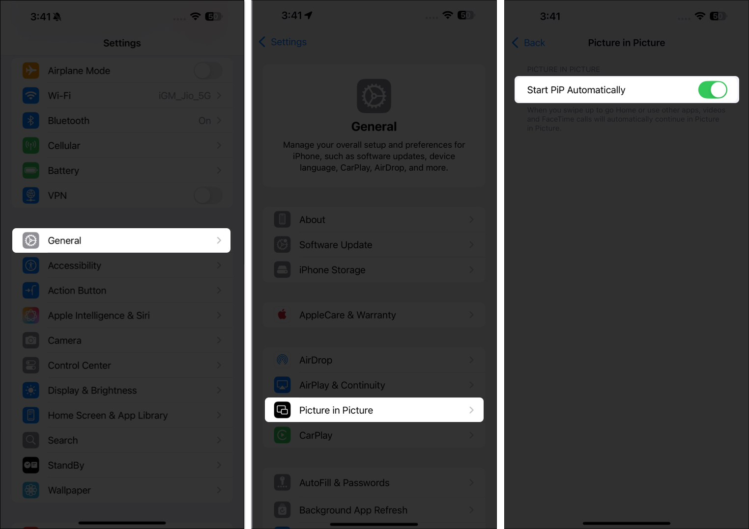 Toggling on the start pip automatically option in the iphone settings app