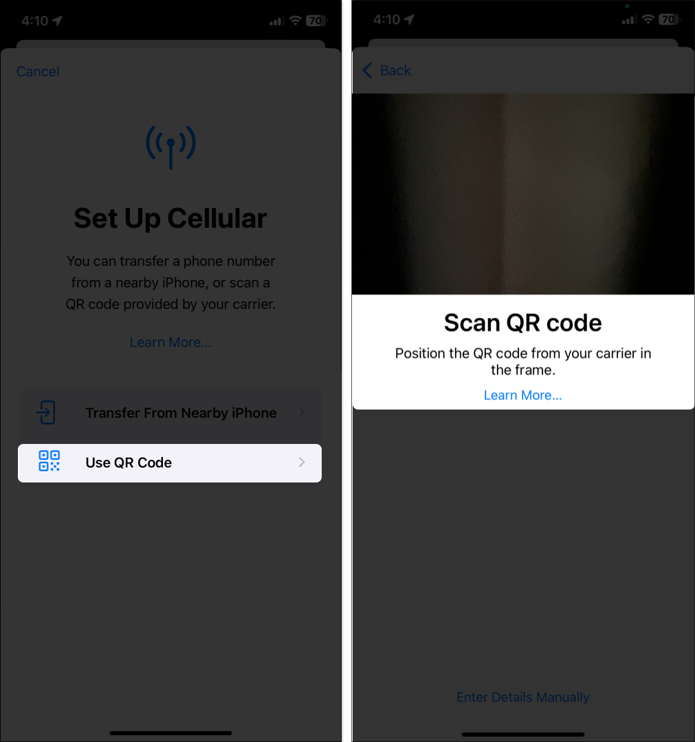 Transferring an esim to a new iphone by scanning a qr code