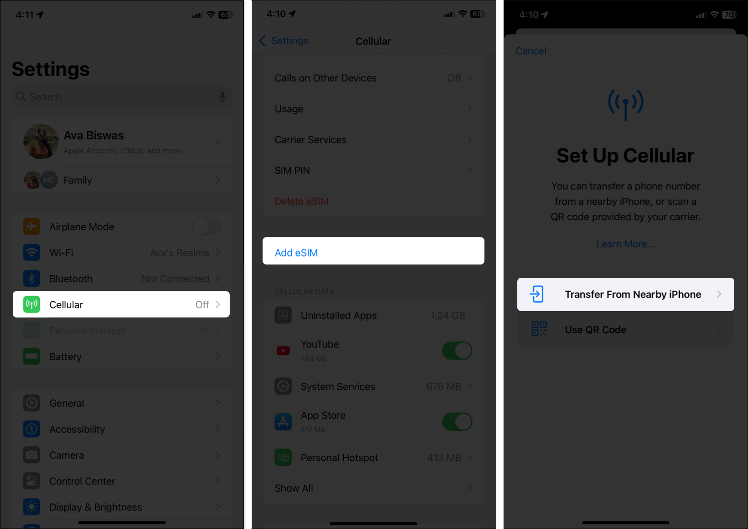 Adding a new esim to a new iphone via the settings app after the initial setup