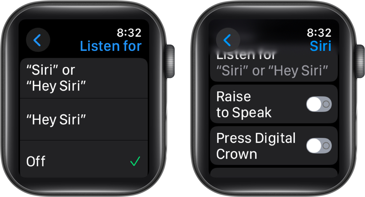 Toggling off raise to speak and press digital crown options on an apple watch