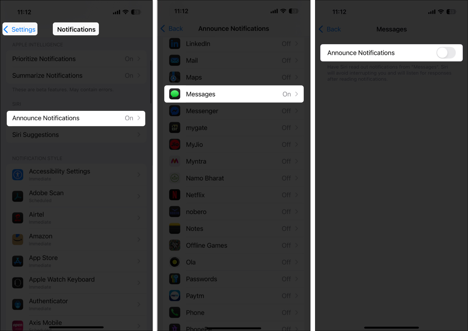 Turning off the announce notifications option to prevent siri from announcing notifications over carplay