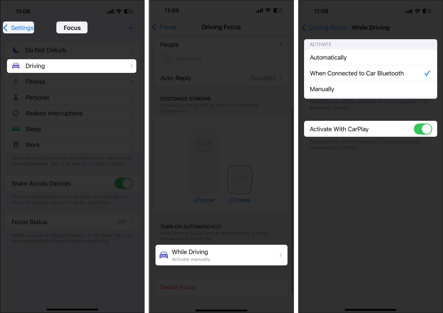 Setting the driving focus to activate automatically when connected to car bluetooth