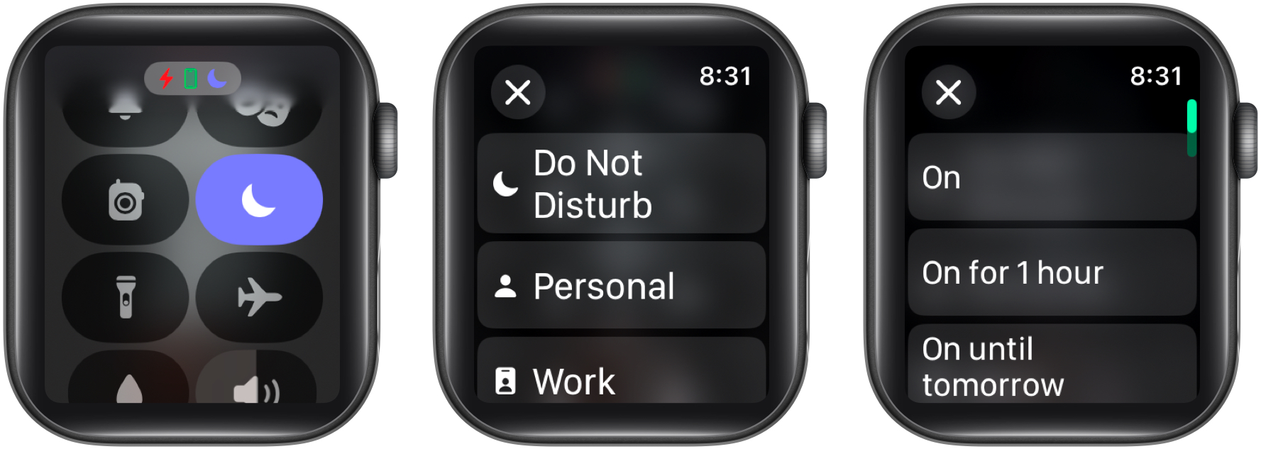 Enable do not disturb mode via the control center on an apple watch