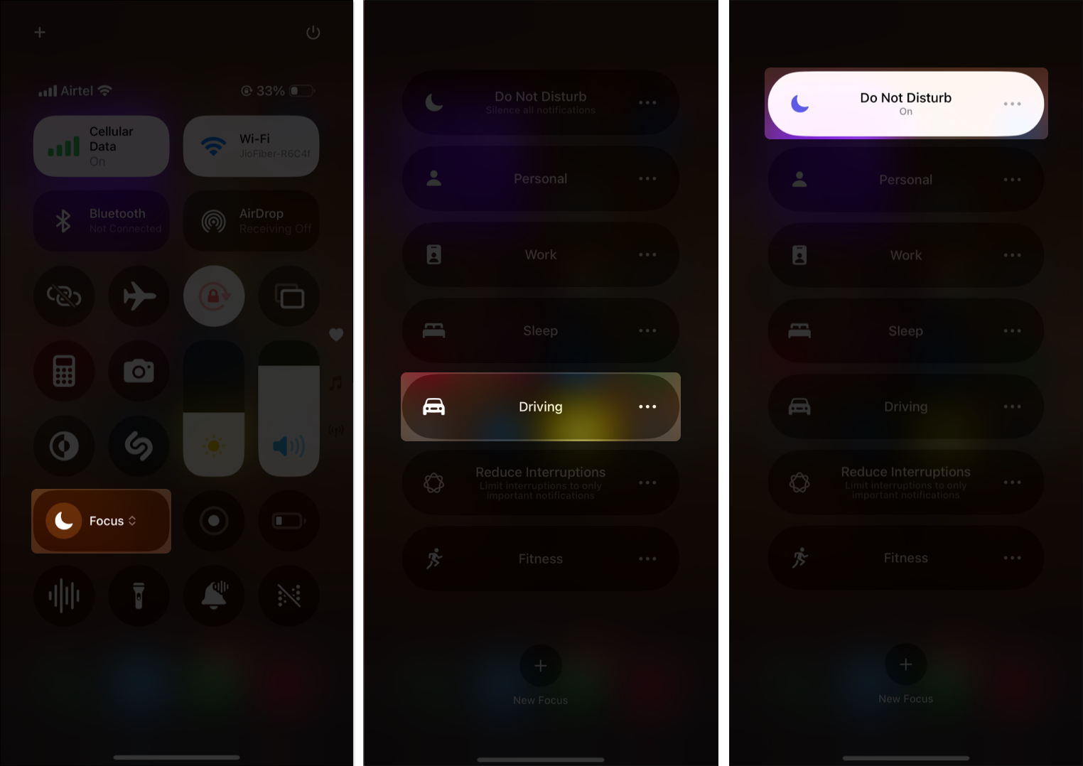 Turning on the driving focus mode from the control center on an iphone