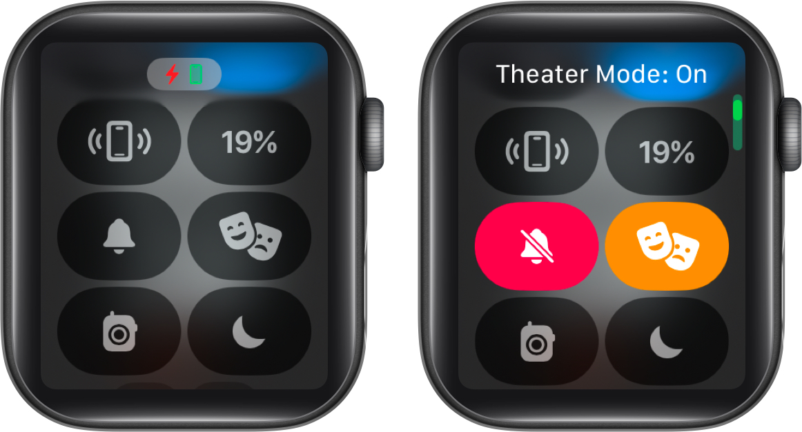 Enable theater mode via the control center on an apple watch
