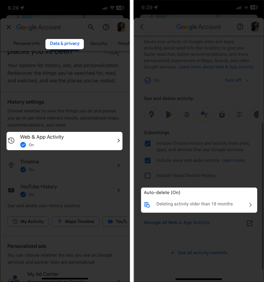 Turning on auto delete web and app history in Google Map