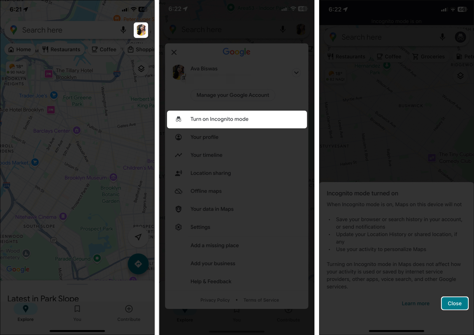 Turning on incognito mode on Google Maps