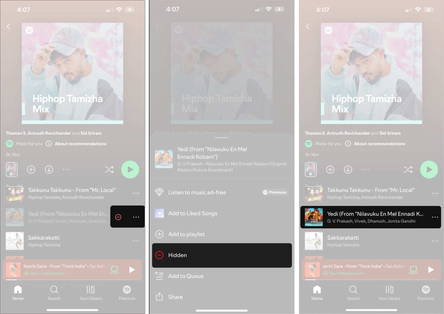 Unhiding a hidden song in spotify on an iphone