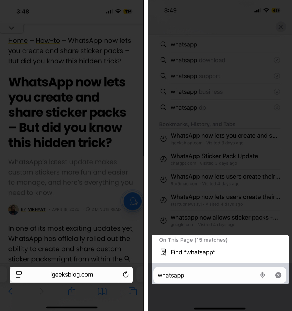 Use address bar to search exact word on webpage in safari on iphone