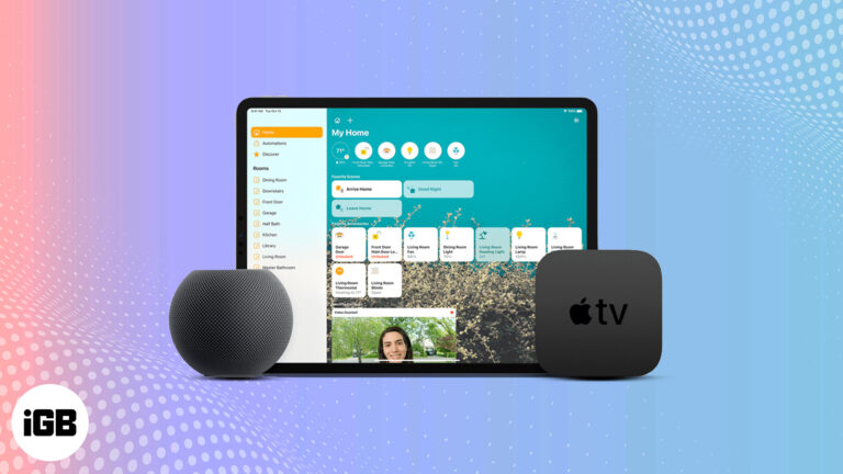 Apple home app on an ipad alongside apple tv and homepod mini