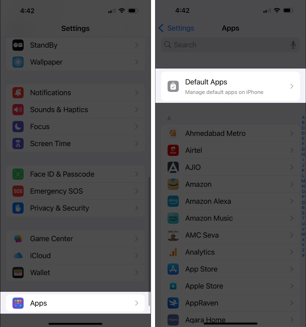 Open iphone settings tap apps then select default apps