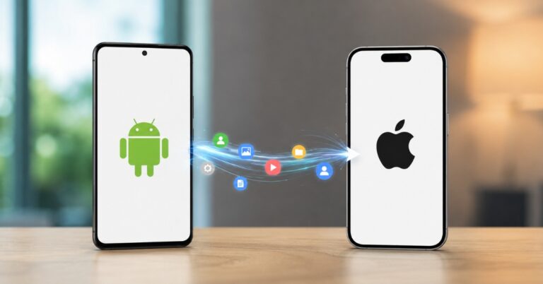 Two smartphones face each other, Android on the left and iPhone on the right, with a stream of app icons flowing between them to symbolize data transfer and migration.